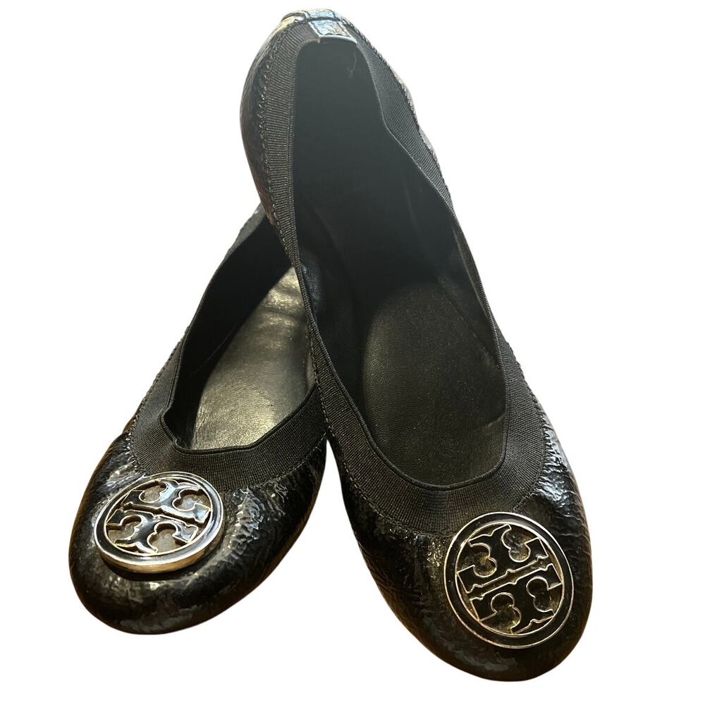 Tori Burch Women's 6M Flats Textured Black Leather Slip On Gold Black Inlay Logo